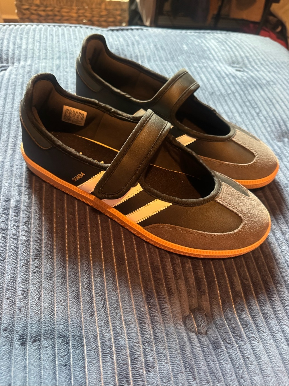 adidas Kids Black and Brown Samba Mary Jane Sneakers with White Stripes